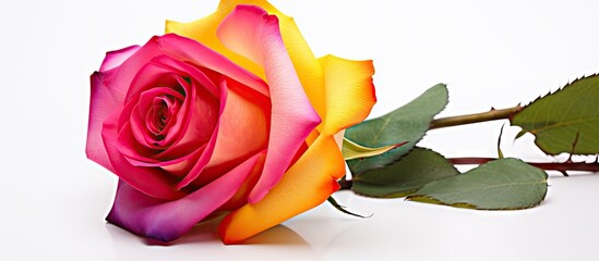 Aufkleber - Colorful rose with green leaves on white background