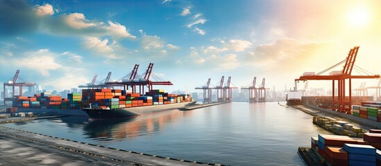 Poster - A cargo ship with multiple containers in a busy harbor