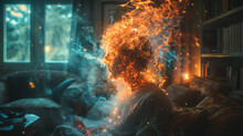 Portrait Of Inner Turmoil: A Man Contemplates In Flames, A Visual Metaphor For The Anguish Of Living With Anxiety,generative Ai
