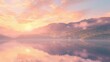 Surreal Sunset Over Misty Mountain Lake . Sunrise over a tranquil mountain lake, mist rising, reflections of pink and gold.