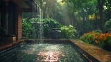 Fototapeta  - Rainwater harvesting system, nature lover, lush garden backdrop, photography, backlights, vignette