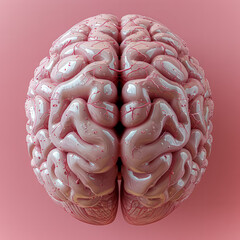 Poster - A close up of a pink brain with red lines on it. The brain is shown in a 3D format, with a pink background. Concept of curiosity and fascination with the complexity of the human brain