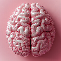 Sticker - A pink brain with a lot of white dots on it. The brain is very detailed and looks like it has a lot of bumps and ridges