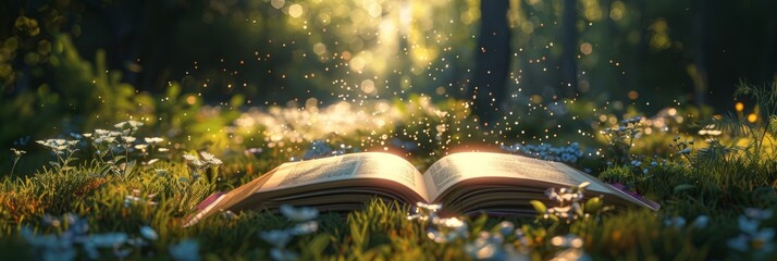 Open book in a sunlit meadow with white flowers and magical glowing particles rising from the pages