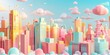 A 3D-rendered cityscape in pastel colors, with cartoon buildings, providing a playful urban scene with ad space