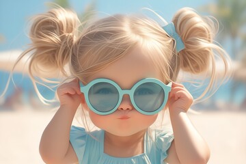 Poster - a little girl with colorful sunglasses in summer fashion design on beach