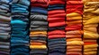 Rows of neatly stacked clothing in various colors from cool to warm tones.