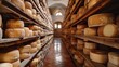 Old-world vault lined with meticulously aligned cheese wheels as they reach perfection