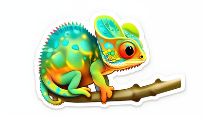 Wall Mural - A chameleon perched on a branch, with bright and colorful patterns on its body and eyes