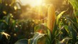A golden ear of corn rises in the middle, surrounded by lush green leaves and rows of other crops under soft sunlight.