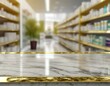 Pharmacy golden marble empty table counter with medicines healthcare product arranged on shelves in drugstore blurred defocused background