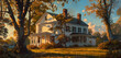 The last rays of sunset bathe an early 20th-century white clapboard colonial mansion in a warm golden light, contrasting with the cool tones of surrounding evening shadows