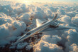 Futuristic supersonic aircraft gliding above the clouds at sunset