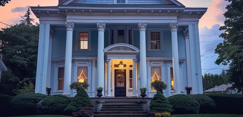 Wall Mural - The subtle elegance of a light blue Cleveland Colonial Revival house at dusk, its white columns standing against a softly darkening sky