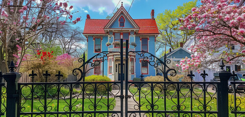 Wall Mural - The vibrant colors of spring frame a 2-story 19th-century house in Tremont, with pastel blue walls and a cherry red gable roof, all secured behind a classic wrought iron gate