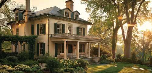 Wall Mural - The warm beige exterior of a Cleveland Colonial Revival house bathed in golden sunset light, with pale green trim and surrounded by early spring greenery