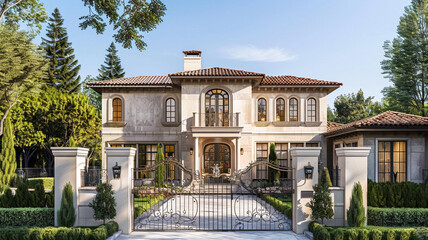 Wall Mural - A refined classical house design with a balanced facade, featuring warm beige walls and a terracotta roof, bordered by a decorative wrought iron gate. 