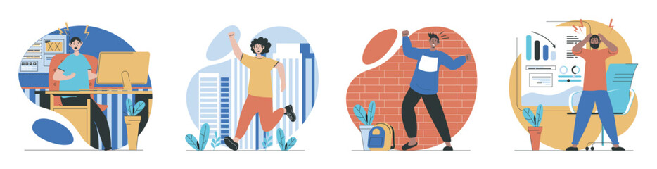 Wall Mural - Anger emotion concept with people scenes set in flat web design. Bundle of character situations with angry feeling and aggressive expression at office, paperwork stress, other. Vector illustrations.