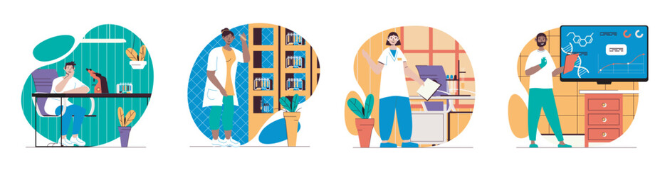 Poster - chemical laboratory concept with people scenes set in flat web design. bundle of character situation