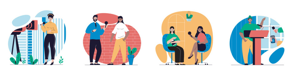 Aufkleber - Journalism concept with people scenes set in flat web design. Bundle of character situations with reporters and journalists with microphones works in mass media, news tv shows. Vector illustrations.
