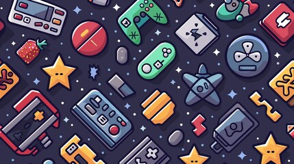 A seamless pattern of iconic pixel game elements