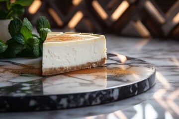 Delicious cheesecake on a marble slab against a ceramic mosaic background