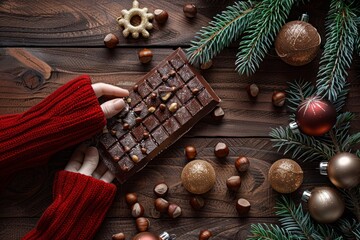 Wall Mural - Santa's hand taking a piece of chocolate with hazelnuts on a wooden table with Christmas decoration and hat. Top view.