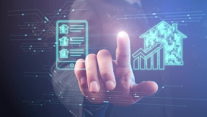 Cg. Digital and conventional real estate and mortgage market symbols against the background of a male hand with a light dot on the index finger with a moving world map and electrons in an AI chip
