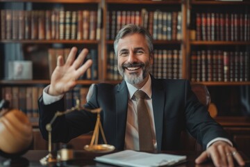 Canvas Print - Smiling lawyer in his office making ok sign with his hand. Front view