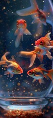 Wall Mural - 3D scene Fishbowl filled with realistic goldfish swimming amidst a sea of twinkling stars.