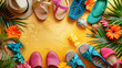 Bright summer footwear scattered against a warm and inviting backdrop