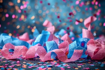 Poster - Dynamic and colorful streamers in front of a bokeh background filled with confetti suggest a celebratory event