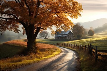 Sticker - A peaceful scene of a country cottage nestled amidst rolling hills blanketed with golden leaves