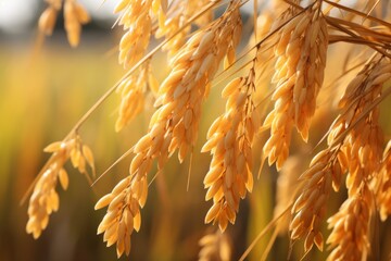 Wall Mural - Close up of ripe rice grains swaying gently in a vibrant paddy field