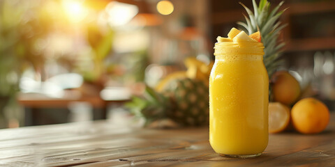 Tasty mango papaya pineapple smoothie in mason jars on wooden table in sunny kitchen. Freshly blended Hawaiian fruit smoothie in glass jar with straw and i. blurred background, space for text. 