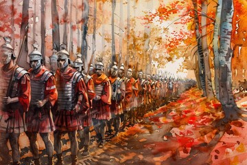 Watercolor painting of a Roman Legion marching through a forest in autumn