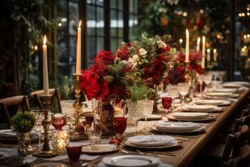 Wall Mural - Holiday gathering with friends and family around a beautifully decorated table.