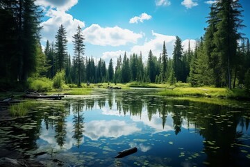 Wall Mural - Serene pond reflecting the forest and sky, a tranquil natural scene