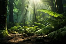 Sunlit Fern-covered Forest Floor Creating A Serene And Magical Atmosphere