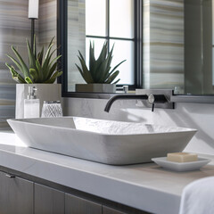 Wall Mural - White bathroom interior design, washbasin and faucet on white marble counter in modern luxury minimal washroom.