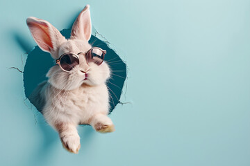 Cool Easter bunny rabbit wearing sunglasses peeping outside the rabbit hole on blue background