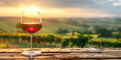 Wood table top with a glass of red wine on blurred vineyard landscape background