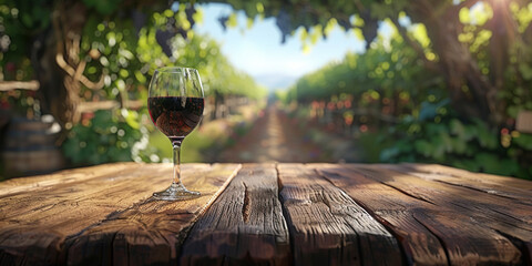 Wood table top with a glass of red wine on blurred vineyard landscape background