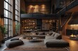 Dark living room loft with fireplace, industrial style with technology
