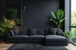 dark living room with a black sofa, black and dark wall, 3 d rendering
