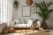 Design sofa, tropical plant, pillows, blanket, gramophone, and mock up picture frames are all featured in this stylish Scandinavian white room. Modern living area with white walls and brown oak parque