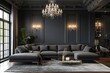 Distinct living room dark interior with luxury gray sofa., indoor design
