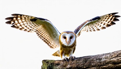 Wall Mural - barn owl - Tyto alba - landing on wood branch with wings spread out looking at camera, moon disc facial feature isolated on white background