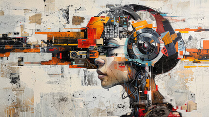 Wall Mural - A woman's face is shown with a pair of headphones on her head. The image is a collage of different elements, including a cityscape and a computer screen. Scene is futuristic and technological