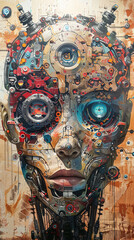 Sticker - A painting of a woman's face with a robotic look. The painting is abstract and has a futuristic vibe